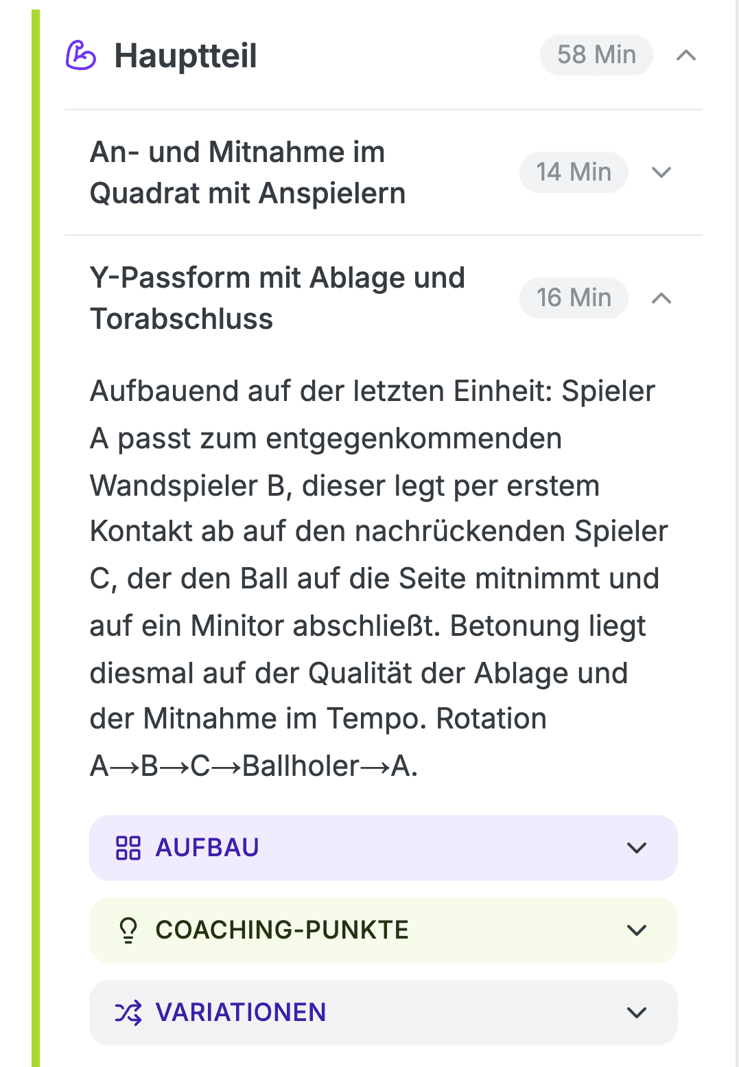 Trainingsplan in Driblify: dieselbe Übung in der zweiten Einheit, aufbauend auf der Vorwoche